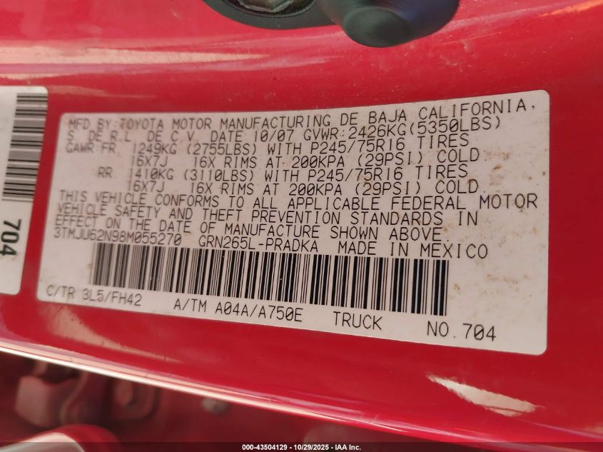 2008 Toyota Tacoma Prerunner V6 VIN: 3TMJU62N98M055270 Lot: 43504129