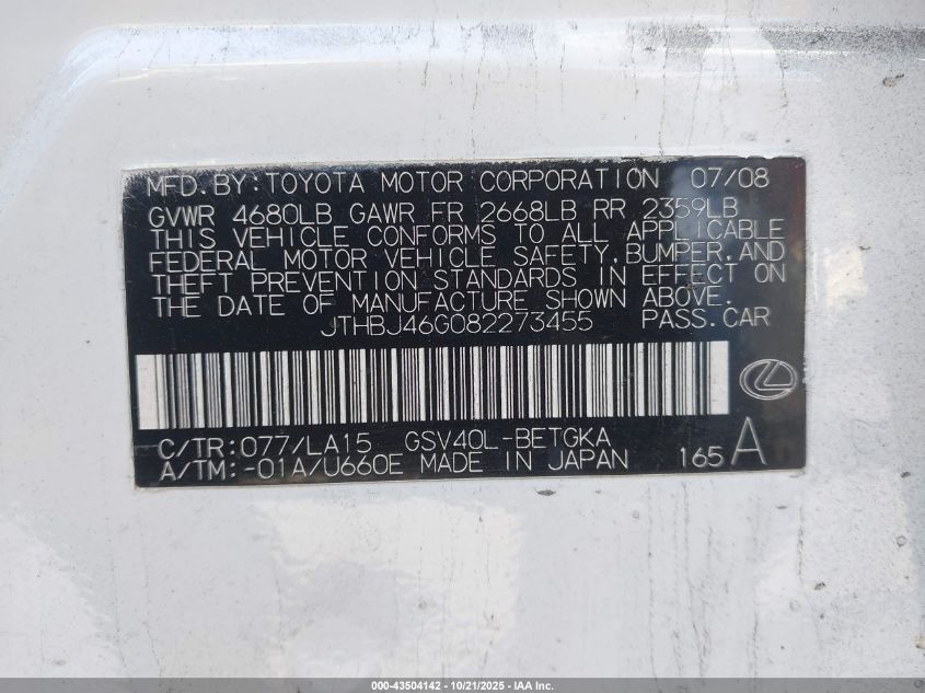 2008 Lexus Es 350 VIN: JTHBJ46G082273455 Lot: 43504142