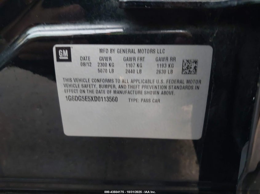 2013 Cadillac Cts Luxury VIN: 1G6DG5E5XD0113560 Lot: 43504175