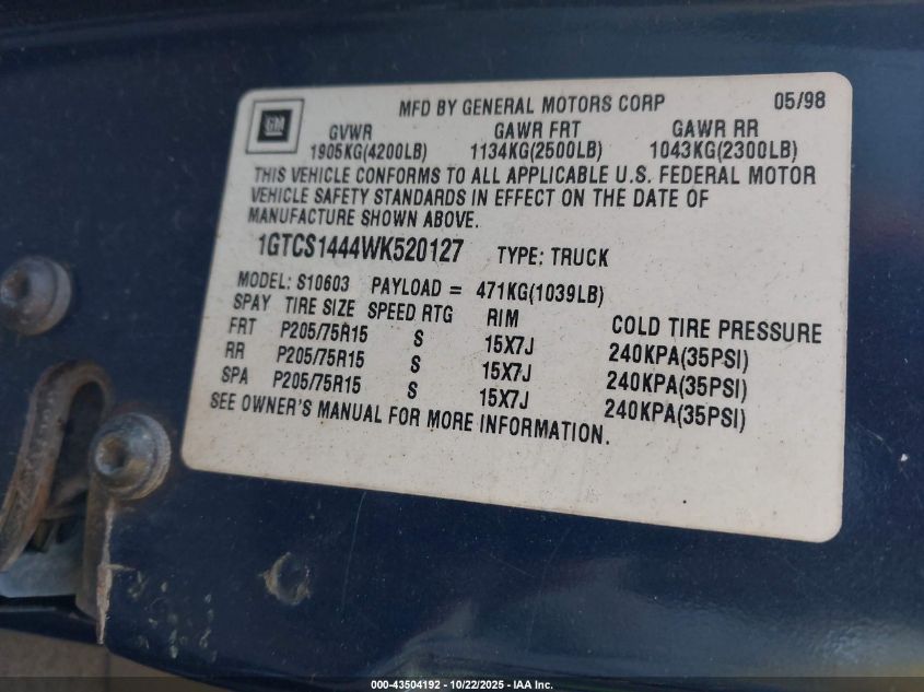 1998 GMC Sonoma Sls VIN: 1GTCS1444WK520127 Lot: 43504192