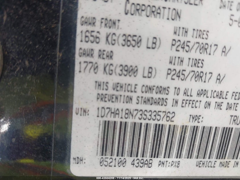 2003 Dodge Ram 1500 Slt/Laramie/St VIN: 1D7HA18N73S335762 Lot: 43504208