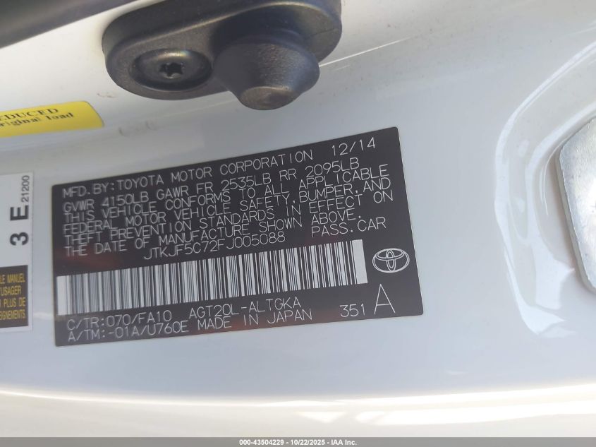 2015 Scion Tc VIN: JTKJF5C72FJ005088 Lot: 43504229