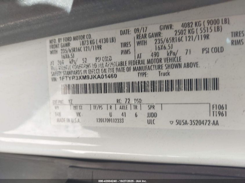 2018 Ford Transit-250 VIN: 1FTYR3XM9JKA01480 Lot: 43504240