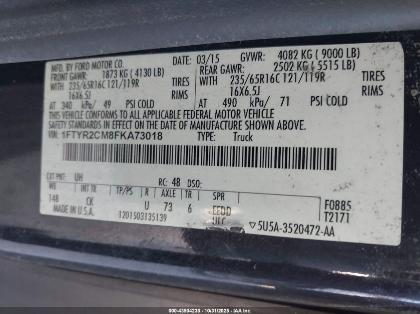 2015 Ford Transit-250 VIN: 1FTYR2CM8FKA73018 Lot: 43504238