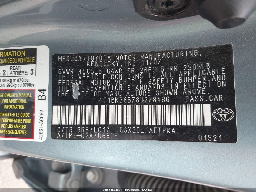 2008 Toyota Avalon Limited VIN: 4T1BK36B78U278486 Lot: 43504291