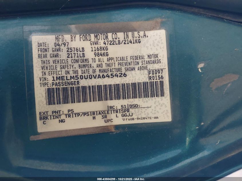 1997 Mercury Sable Gs VIN: 1MELM50U0VA645426 Lot: 43504299
