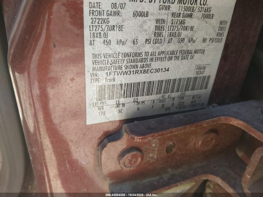 2008 Ford F-350 Fx4/Harley-Davidson/King Ranch/Lariat/Xl/Xlt VIN: 1FTWW31RX8EC30134 Lot: 43504300