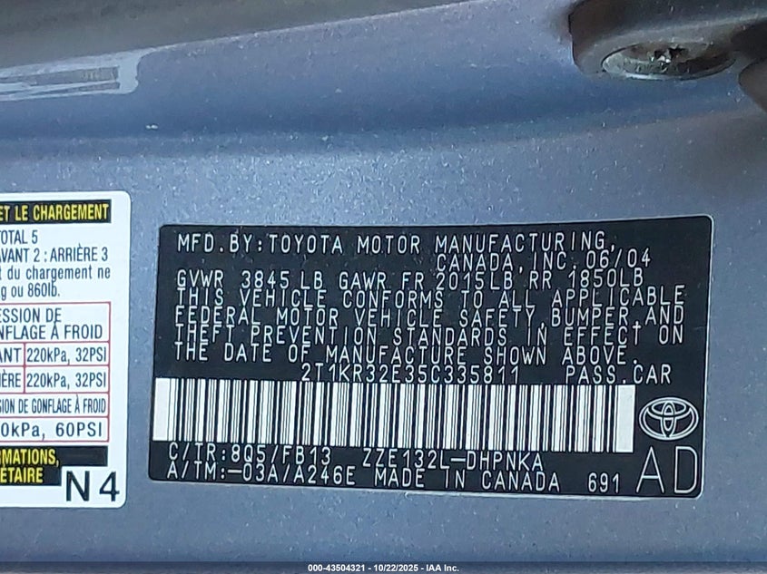2005 Toyota Matrix Xr VIN: 2T1KR32E35C335811 Lot: 43504321