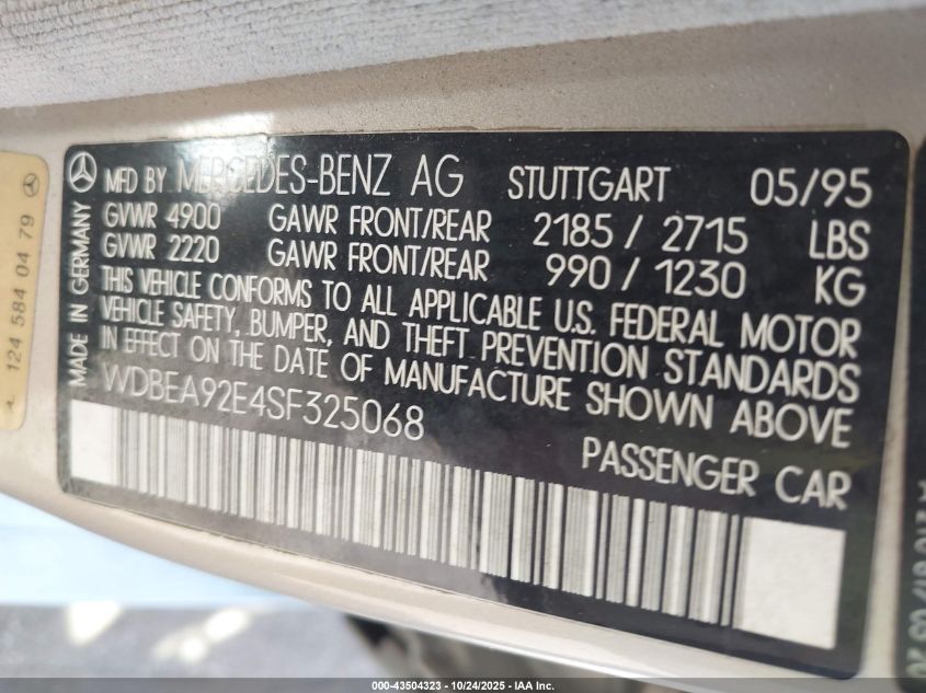 1995 Mercedes-Benz E 320 VIN: WDBEA92E4SF325068 Lot: 43504323