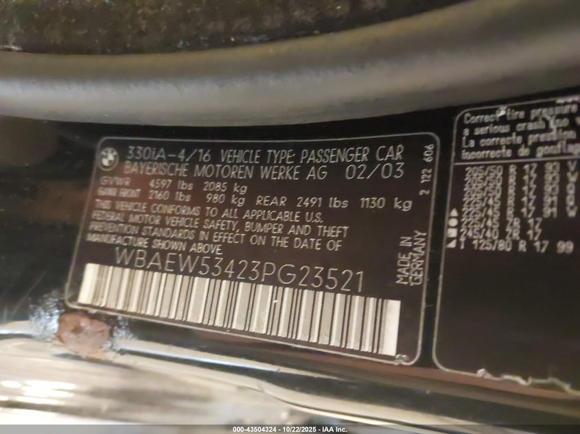 2003 BMW 330Xi VIN: WBAEW53423PG23521 Lot: 43504324