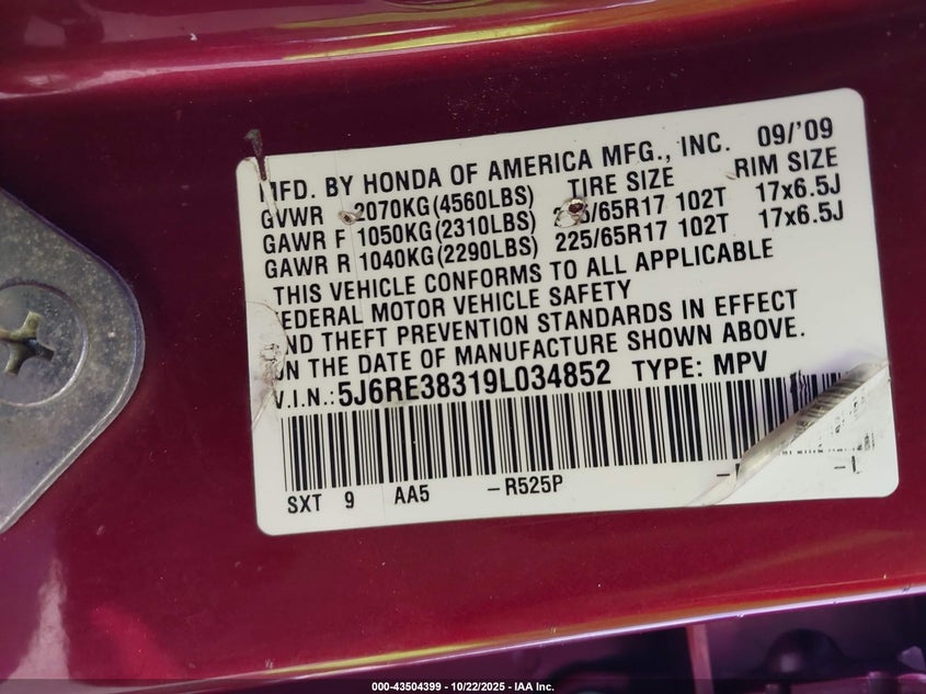 5J6RE38319L034852 2009 HONDA CR-V photo no. 9