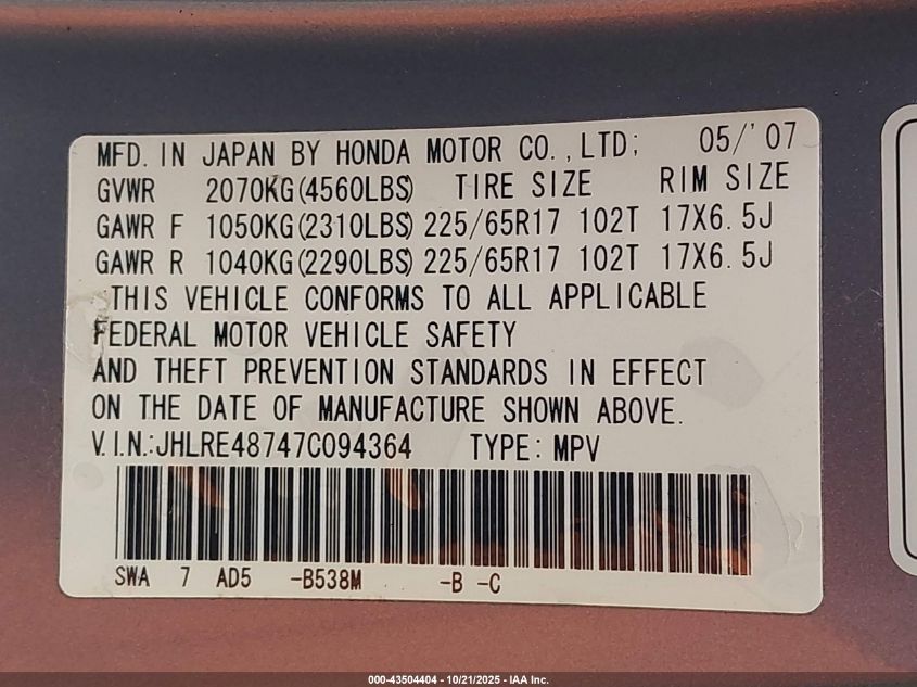 2007 Honda Cr-V Ex-L VIN: JHLRE48747C094364 Lot: 43504404
