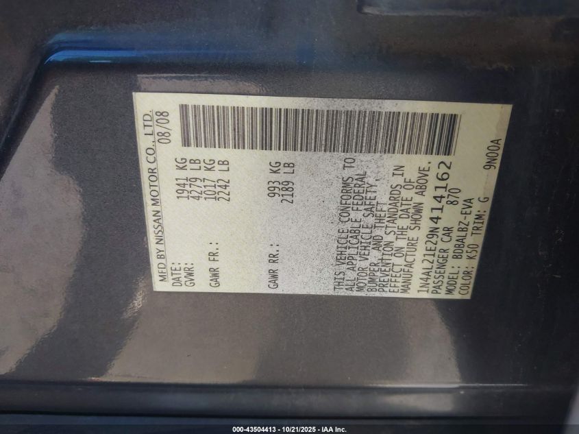 2009 Nissan Altima 2.5 S VIN: 1N4AL21E29N414162 Lot: 43504413