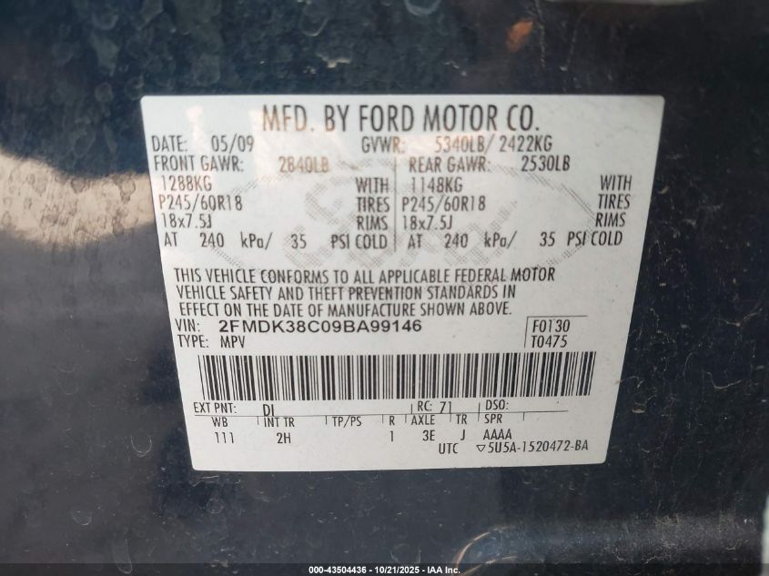 2009 Ford Edge Sel VIN: 2FMDK38C09BA99146 Lot: 43504436