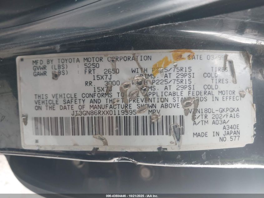 1999 Toyota 4Runner Sr5 V6 VIN: JT3GN86RXX0119595 Lot: 43504446