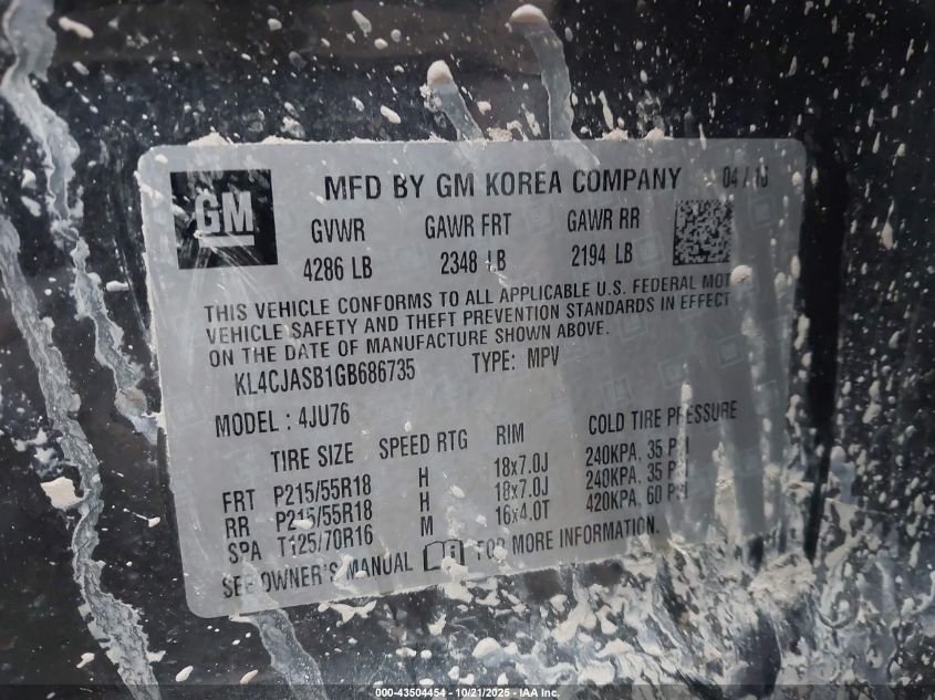 2016 Buick Encore VIN: KL4CJASB1GB686735 Lot: 43504454