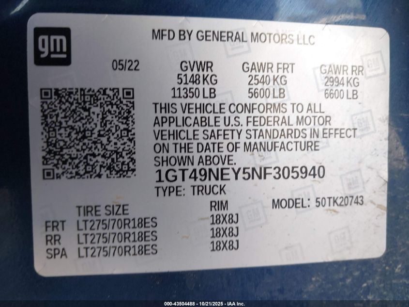 2022 GMC Sierra 2500Hd 4Wd Standard Bed Slt VIN: 1GT49NEY5NF305940 Lot: 43504488