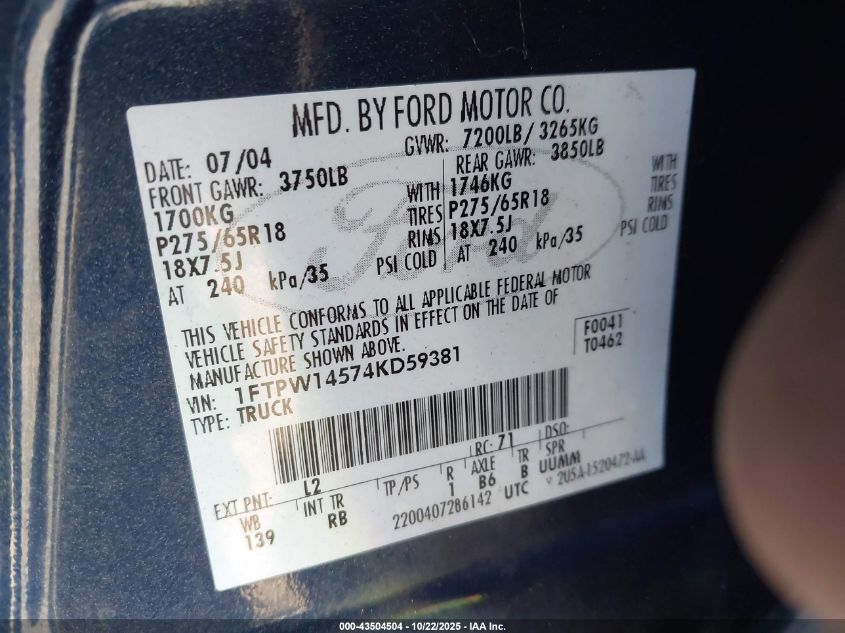 2004 Ford F-150 Fx4/Lariat/Xlt VIN: 1FTPW14574KD59381 Lot: 43504504