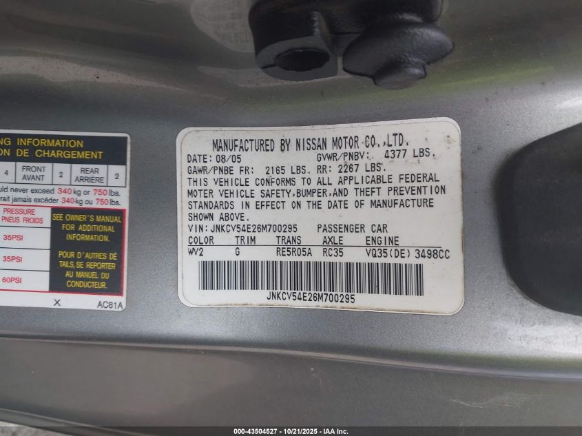 2006 Infiniti G35 VIN: JNKCV54E26M700295 Lot: 43504527
