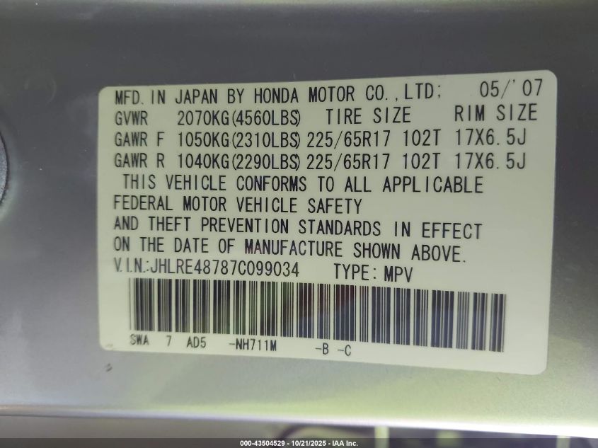 2007 Honda Cr-V Ex-L VIN: JHLRE48787C099034 Lot: 43504529
