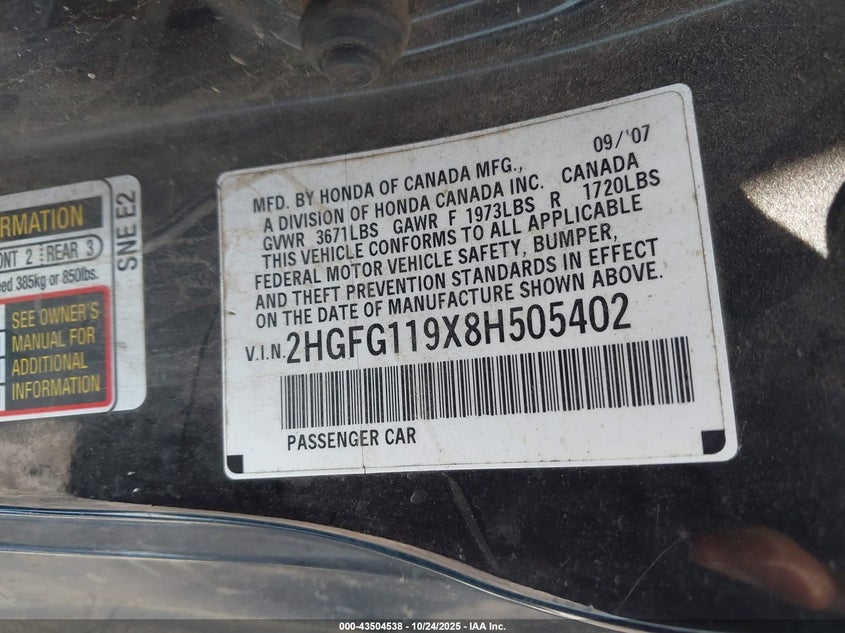 2HGFG119X8H505402 2008 HONDA CIVIC photo no. 9