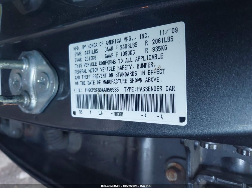 2010 Honda Accord 2.4 Ex-L VIN: 1HGCP2F89AA056985 Lot: 43504542