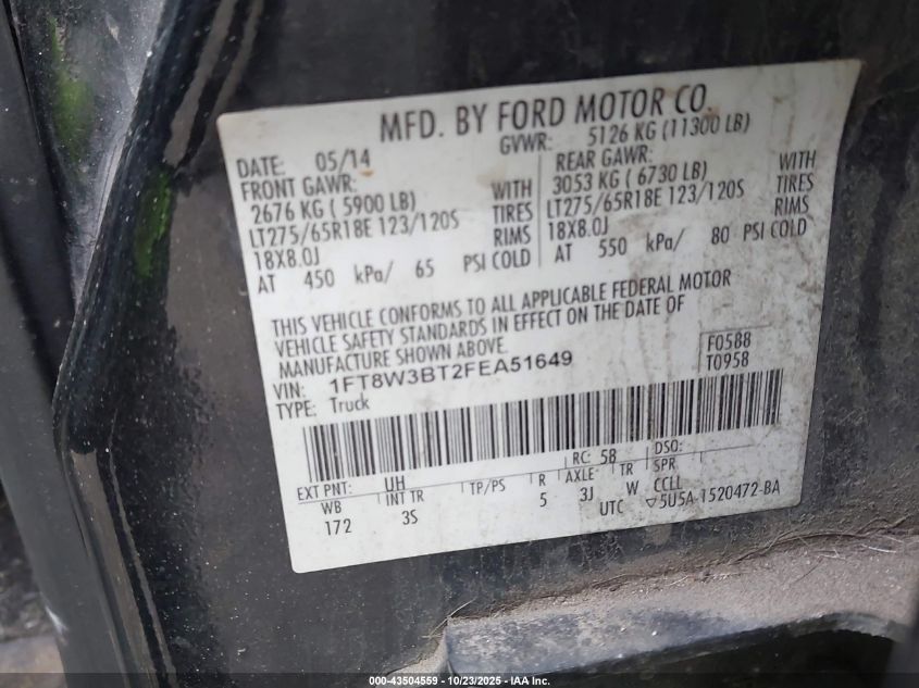 2015 Ford F-350 Xlt VIN: 1FT8W3BT2FEA51649 Lot: 43504559