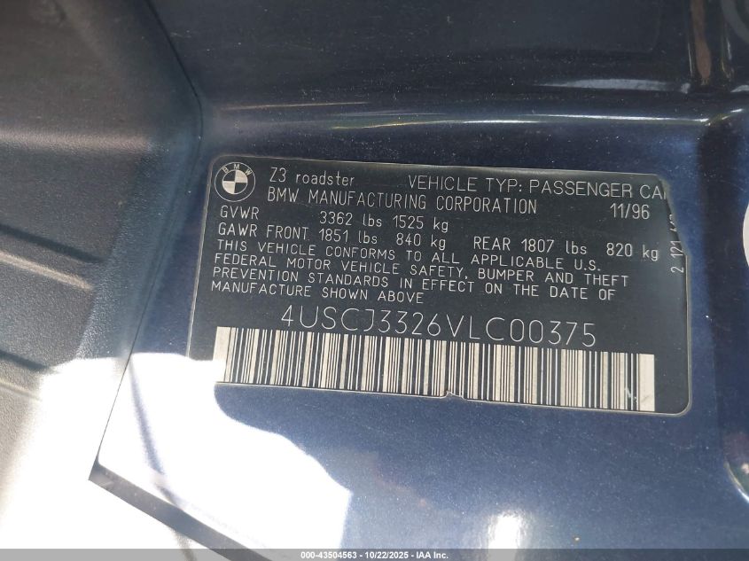 1997 BMW Z3 2.8L VIN: 4USCJ3326VLC00375 Lot: 43504563