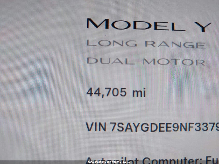 2022 Tesla Model Y Long Range Dual Motor All-Wheel Drive VIN: 7SAYGDEE9NF337966 Lot: 43504591
