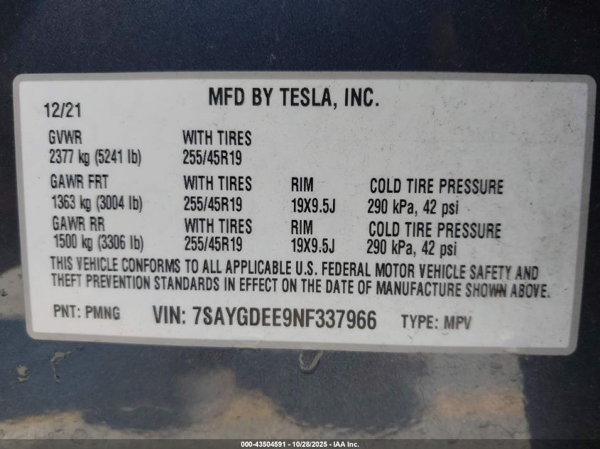 2022 Tesla Model Y Long Range Dual Motor All-Wheel Drive VIN: 7SAYGDEE9NF337966 Lot: 43504591