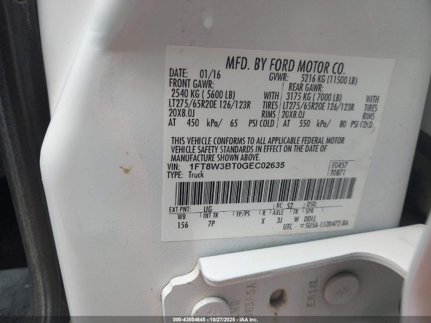 2016 Ford F-350 Lariat VIN: 1FT8W3BT0GEC02635 Lot: 43504645