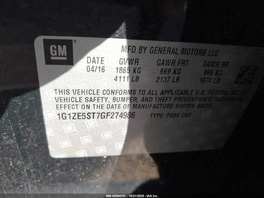 2016 CHEVROLET MALIBU 1LT 1G1ZE5ST7GF274986