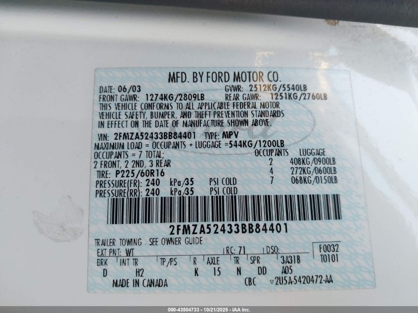 2003 Ford Windstar Se VIN: 2FMZA52433BB84401 Lot: 43504733