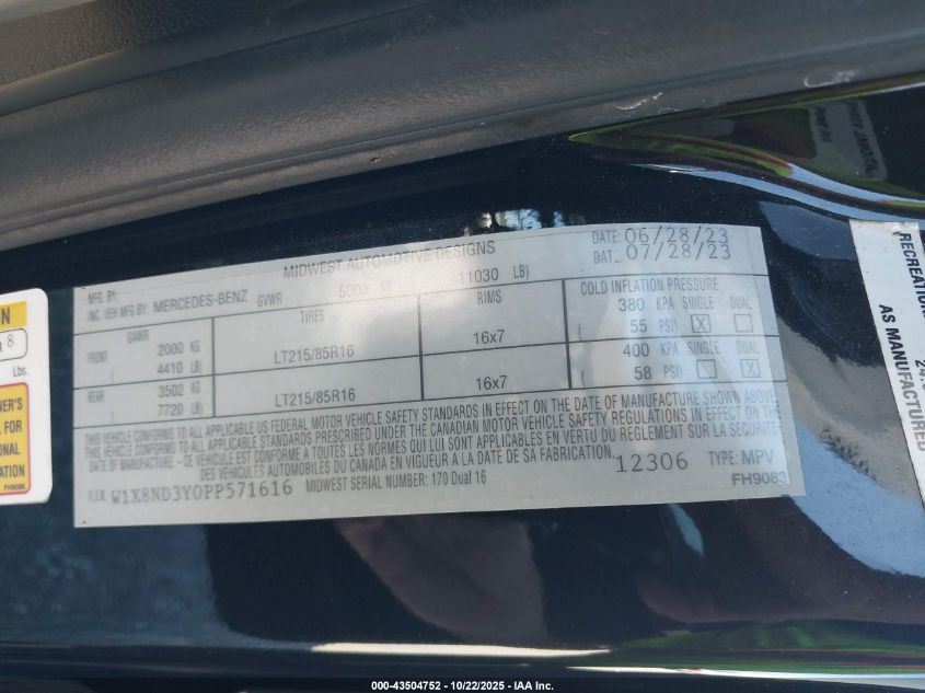 2023 Mercedes-Benz Sprinter 3500Xd High Roof 4-Cyl Diesel Ho VIN: W1X8ND3Y0PP571616 Lot: 43504752