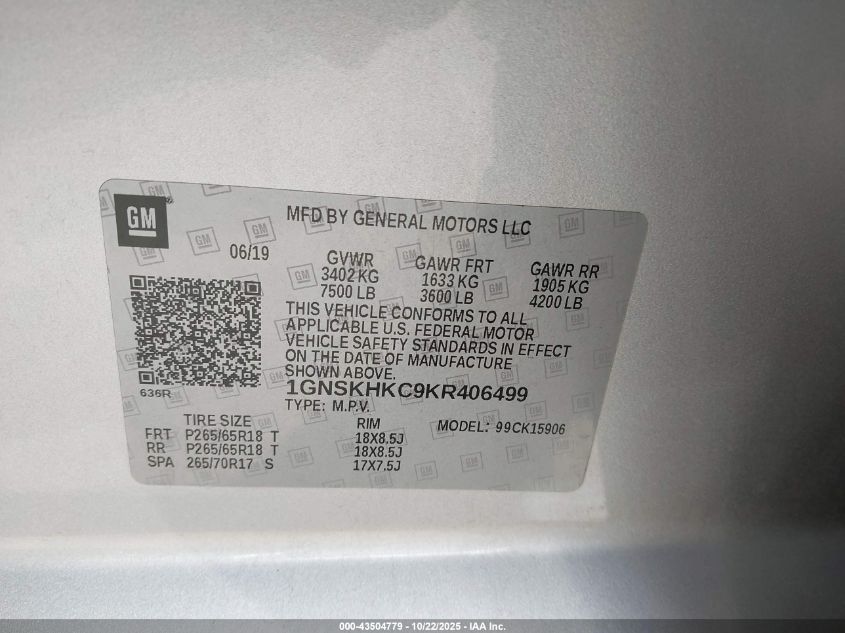 2019 CHEVROLET SUBURBAN LT 1GNSKHKC9KR406499