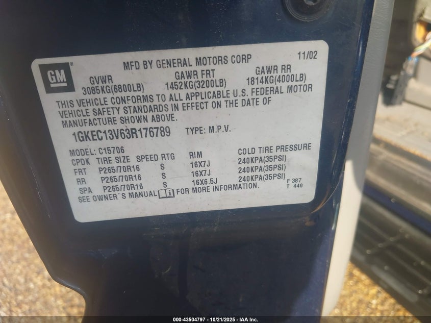 2003 GMC Yukon Sle VIN: 1GKEC13V63R176789 Lot: 43504797