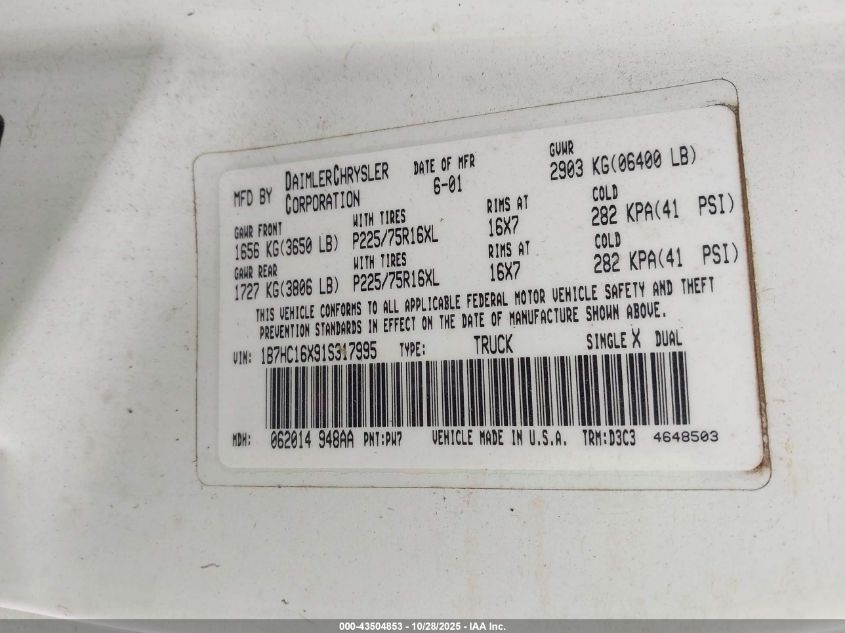 2001 Dodge Ram 1500 VIN: 1B7HC16X91S317995 Lot: 43504853