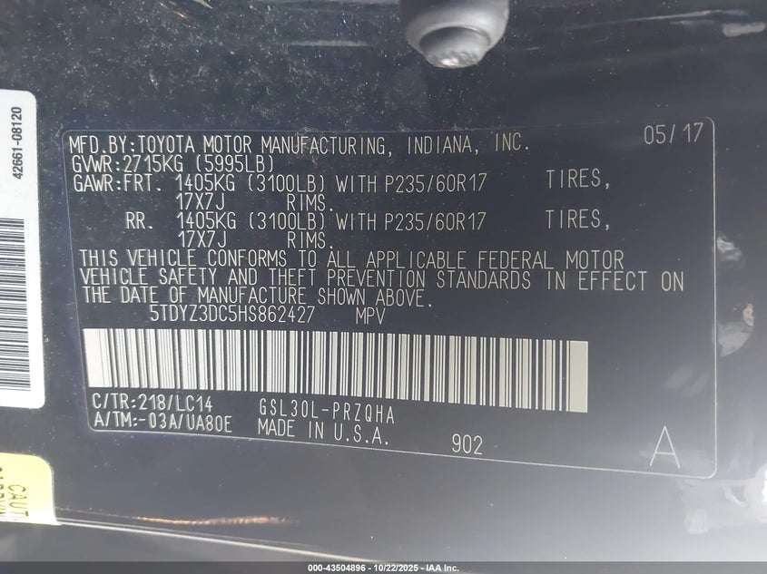 2017 TOYOTA SIENNA XLE 8 PASSENGER 5TDYZ3DC5HS862427