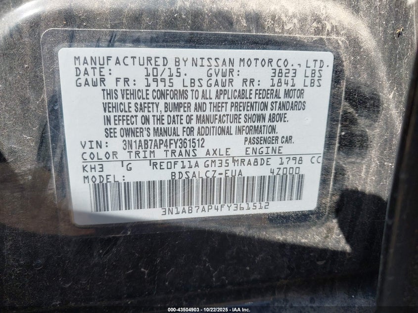 2015 NISSAN SENTRA S 3N1AB7AP4FY361512