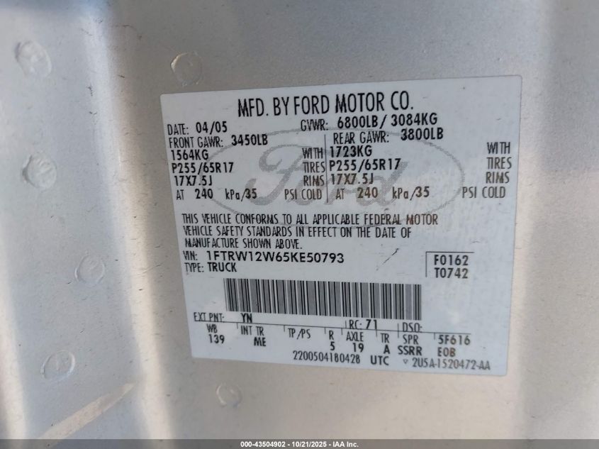2005 Ford F-150 Xlt VIN: 1FTRW12W65KE50793 Lot: 43504902