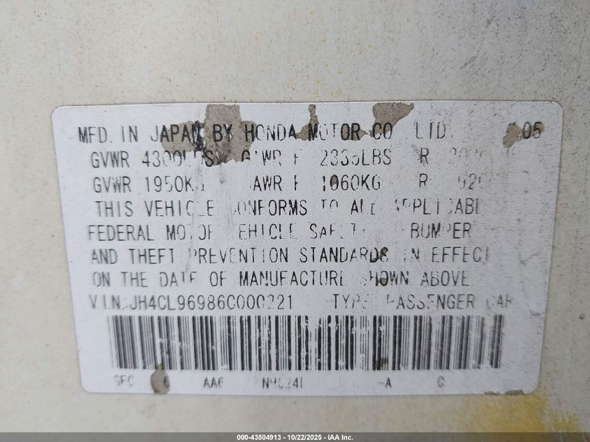 2006 Acura Tsx VIN: JH4CL96986C000221 Lot: 43504913