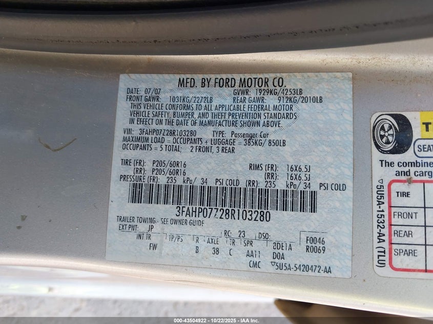 2008 Ford Fusion Se VIN: 3FAHP07Z28R103280 Lot: 43504922