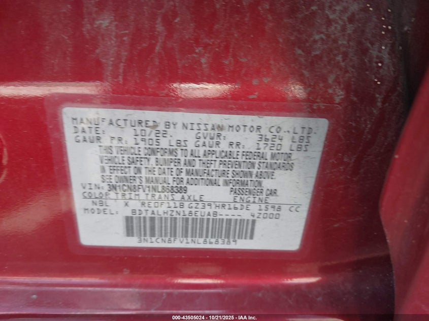 2022 NISSAN VERSA 1.6 SR XTRONIC CVT 3N1CN8FV1NL868389