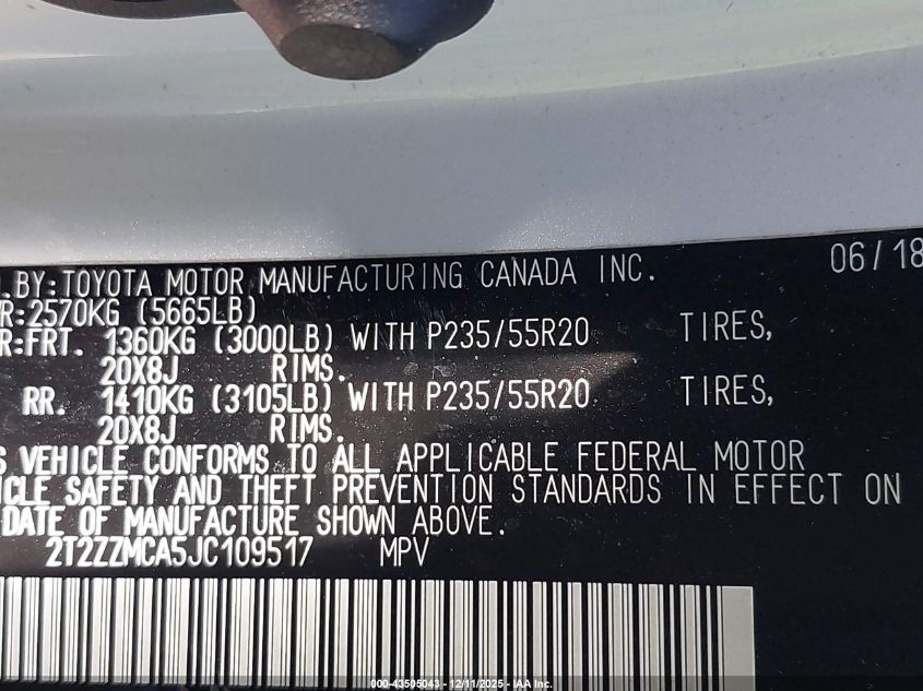 2018 Lexus Rx 350 VIN: 2T2ZZMCA5JC109517 Lot: 43505043