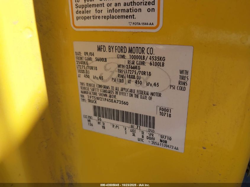 2005 Ford F-250 Lariat/Xl/Xlt VIN: 1FTSW21P45EA73560 Lot: 43505045