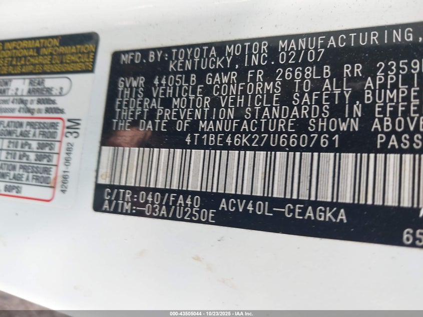 4T1BE46K27U660761 2007 TOYOTA CAMRY photo no. 9