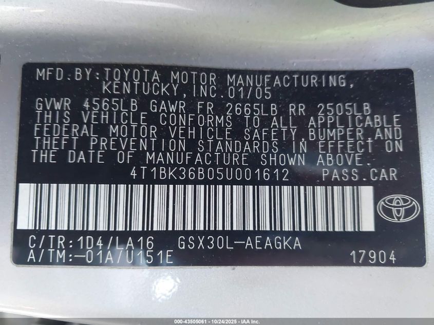 2005 Toyota Avalon Xls VIN: 4T1BK36B05U001612 Lot: 43505061