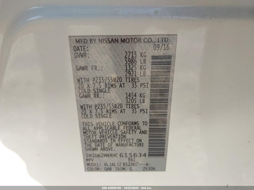 2017 NISSAN PATHFINDER PLATINUM 5N1DR2MN4HC615634