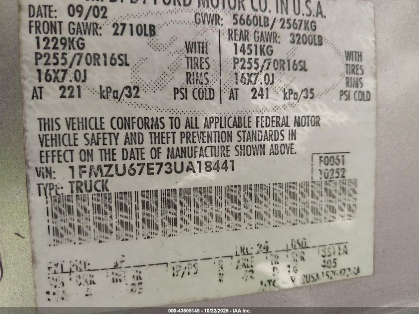 2003 Ford Explorer Sport Trac Xls/Xlt VIN: 1FMZU67E73UA18441 Lot: 43505145