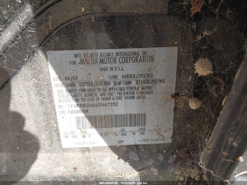 2004 Mazda Mazda6 S VIN: 1YVFP82D045N67252 Lot: 43505190